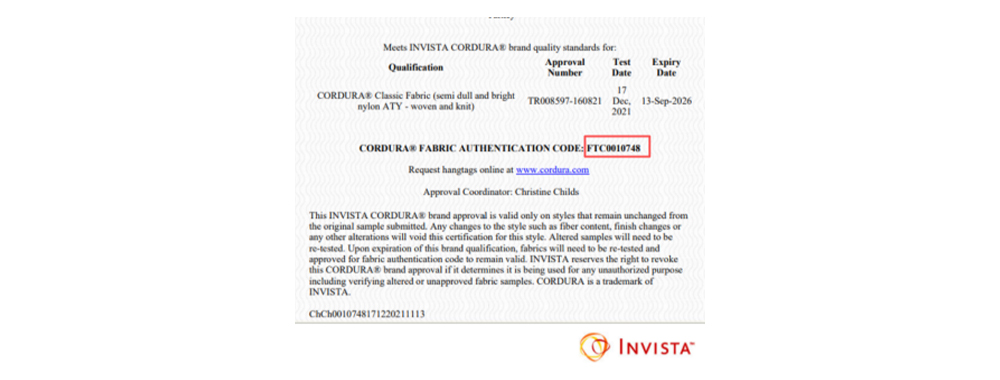 Fabric certification number on the official approval certificate issued by INVISTA