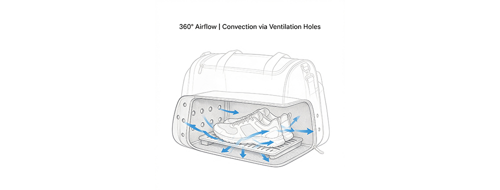 Technical sketch showing 360‑degree airflow convection inside ventilated gym bag shoe compartment