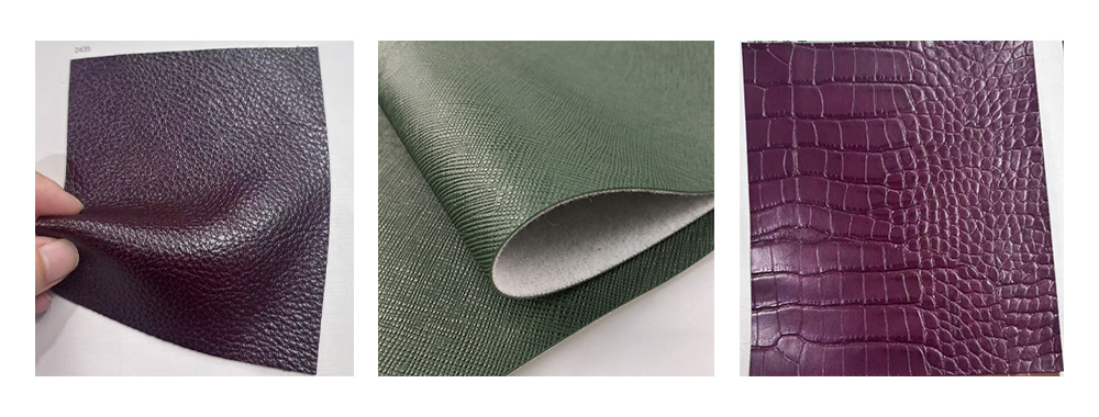 From left to right Lychee patterned PU leather, cross patterned PU leather, crocodile patterned PU leather From left to right Lychee patterned PU leather, cross patterned PU leather, crocodile patterned PU leather